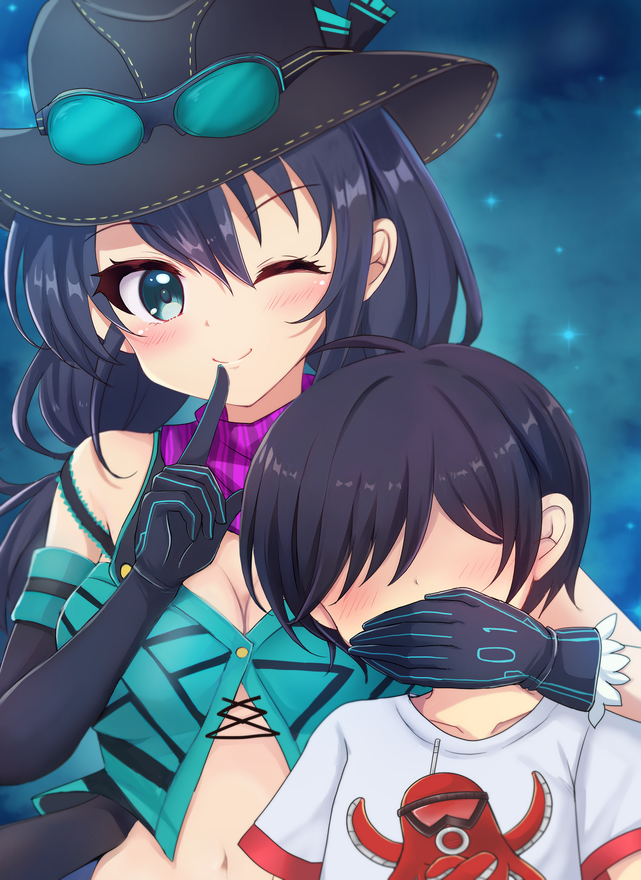 terimuku, code of joker, commentary request, commission, highres, pixiv commission, 1boy, 1girl, ;), black gloves, black hair, black hat, blue eyes, blush, breasts, cleavage, covering another's mouth, faceless, faceless male, finger to mouth, gagged, gloves, goggles, goggles on headwear, hair between eyes, hand gagged, hand over another's mouth, hat, index finger raised, long hair, looking at viewer, low twintails, medium breasts, navel, one eye closed, shirt, short sleeves, shushing, smile, suzumori marine, twintails, upper body, white shirt