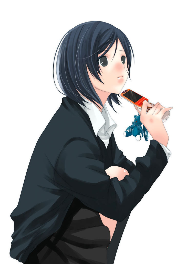 kirino kasumu, original, 1girl, blazer, blue hair, cellphone, expressionless, female focus, grey eyes, jacket, long sleeves, looking afar, looking up, phone, pleated skirt, school uniform, shirt, short hair, simple background, skirt, solo, squatting
