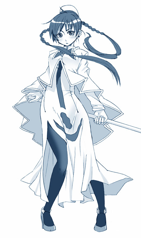 weshika, aika granzchesta, aria (manga), uniform, 00s, 1girl, blue theme, braid, earrings, female focus, gloves, hat, high collar, jewelry, leggings, legs, monochrome, oar, pantyhose, side slit, simple background, solo, standing, twin braids
