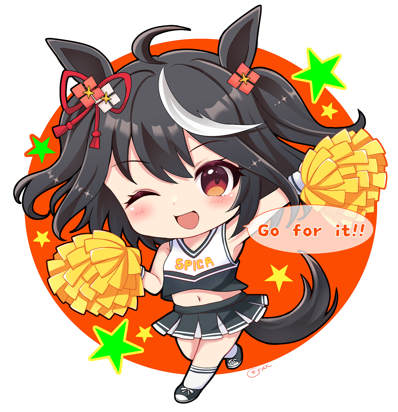 terimuku, kitasan black (umamusume), umamusume, commentary request, highres, 1girl, ;d, ahoge, animal ears, bare shoulders, black hair, black shoes, black skirt, blush, cheerleader, chibi, crop top, hair between eyes, horse ears, horse girl, horse tail, looking at viewer, midriff, multicolored hair, navel, one eye closed, open mouth, orange background, pleated skirt, pom pom (cheerleading), red eyes, round image, shirt, shoes, signature, skirt, sleeveless, sleeveless shirt, smile, socks, solo, star (symbol), streaked hair, tail, two-tone hair, two side up, white background, white hair, white shirt, white socks, wrist cuffs