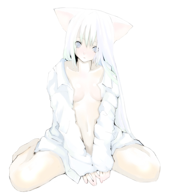 saibashi, original, animal ears, barefoot, blue eyes, bottomless, cat ears, dress shirt, long hair, navel, open clothes, open shirt, shirt, solo, very long hair, white hair