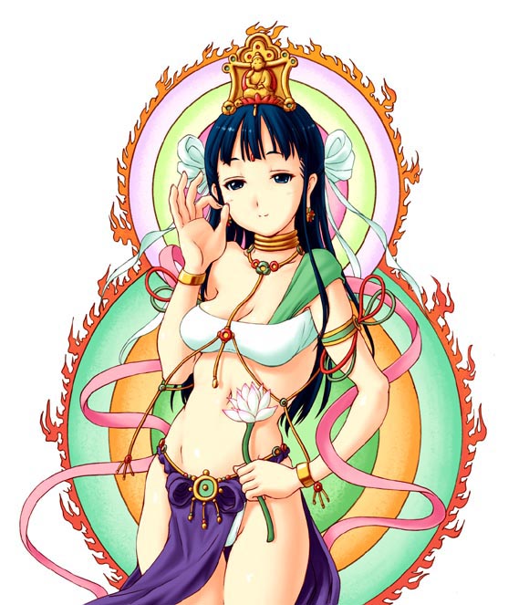 minaduki tooru, minazuki tooru, buddha, shibaura yae, realize, 1girl, bandeau, female focus, flower, long hair, lotus, panties, pelvic curtain, solo, underwear, white bandeau
