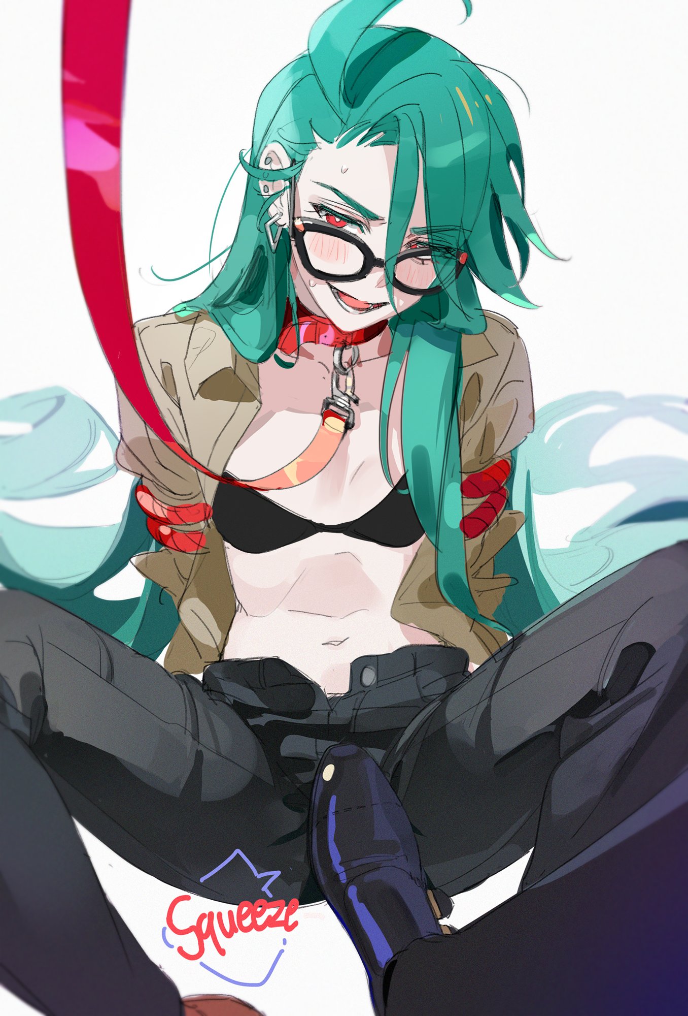 mmio0m72, geeta (pokemon), rika (pokemon), nintendo, pokemon, pokemon sv, highres, 2girls, black-framed eyewear, black bra, black pants, black shoes, bound, bound arms, bra, breasts, brown shoes, collar, ear piercing, feet, foot to another's crotch, glasses, green hair, leash, long hair, looking at viewer, multiple girls, open clothes, open mouth, open shirt, pants, piercing, pov, pov legs, red collar, red eyes, red rope, rope, shirt, shoes, simple background, sitting, small breasts, solo focus, spread legs, stomach, sweat, underwear, very long hair, white background, yuri