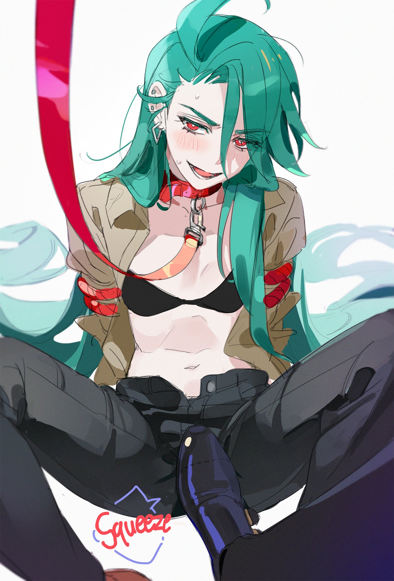 mmio0m72, geeta (pokemon), rika (pokemon), nintendo, pokemon, pokemon sv, commentary request, highres, korean commentary, 2girls, black bra, black pants, black shoes, bound, bound arms, bra, breasts, brown shoes, collar, ear piercing, english text, feet, foot to another's crotch, green hair, leash, long hair, looking at viewer, multiple girls, open clothes, open mouth, open shirt, pants, piercing, pov, pov legs, red collar, red eyes, red rope, rope, shirt, shoes, simple background, sitting, small breasts, solo focus, spread legs, stomach, sweat, underwear, very long hair, white background, yuri