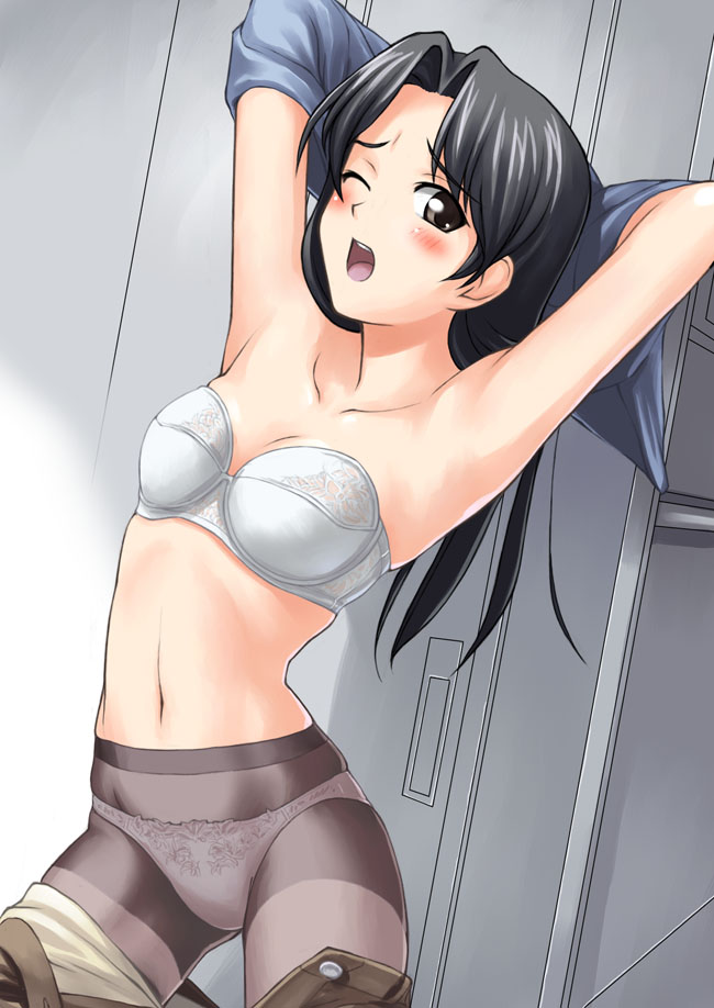 tanaka shoutarou, kisaragi chihaya, idolmaster, idolmaster (classic), idolmaster 1, 00s, 1girl, armpits, arms up, black eyes, black hair, black pantyhose, bra, female focus, lingerie, locker, locker room, long hair, one eye closed, panties, panties under pantyhose, pantyhose, solo, underwear, underwear only, undressing, wink