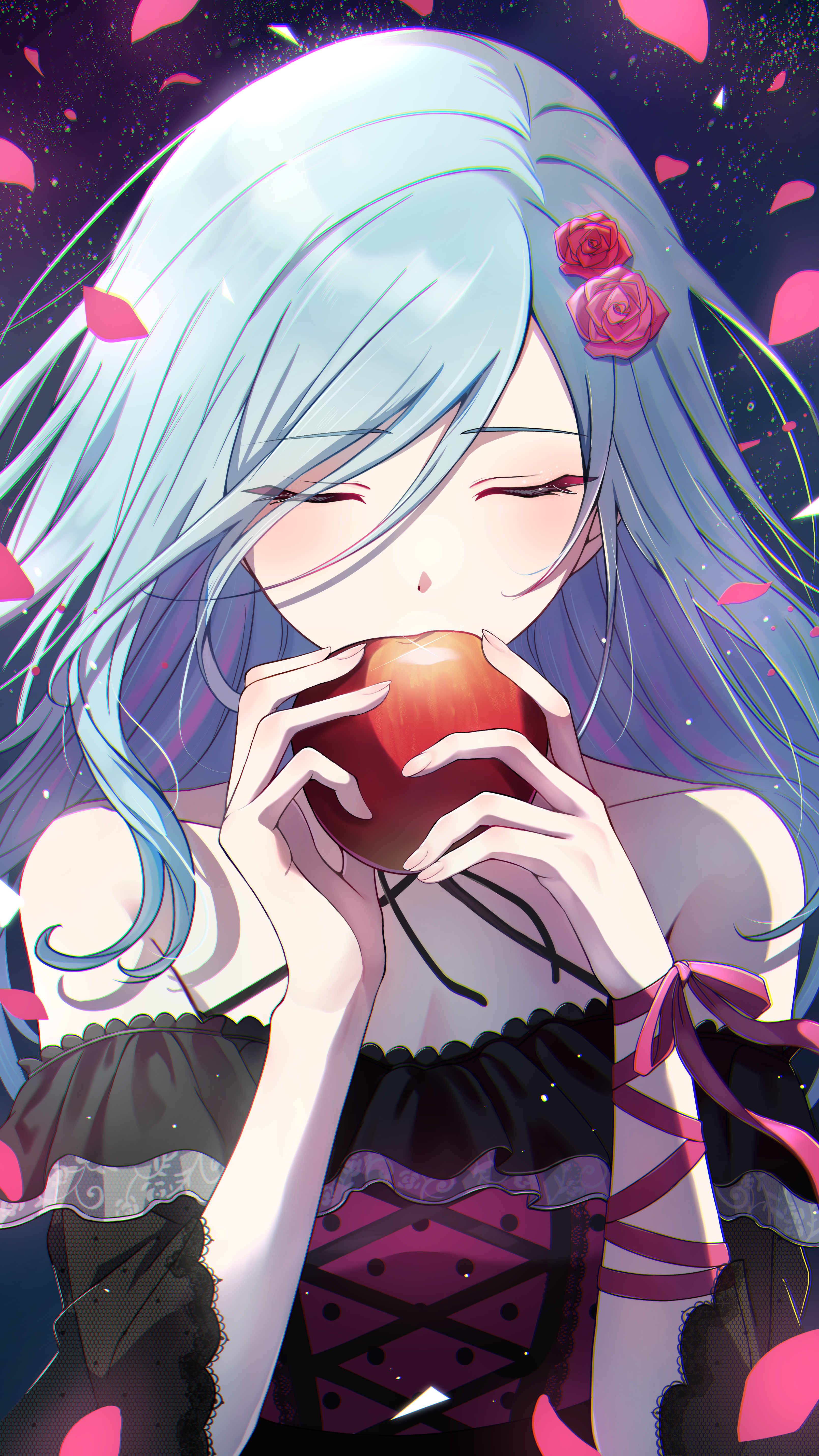 sakio1129, hinomori shizuku, project sekai, romeo to cinderella (vocaloid), absurdres, commentary, highres, 1girl, apple, bare shoulders, blue hair, closed eyes, collarbone, dress, flower, food, fruit, hair flower, hair ornament, holding, holding food, holding fruit, long hair, off shoulder, petals, pink flower, ribbon, rose, solo, upper body