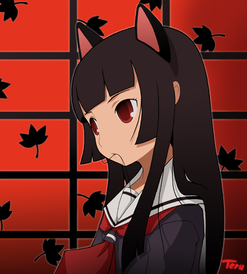 imaizumi teruhiko, teruhiko imaizumi, enma ai, jigoku shoujo, 00s, 1girl, animal ears, black serafuku, blunt bangs, cat ears, female focus, hime cut, school uniform, serafuku, solo