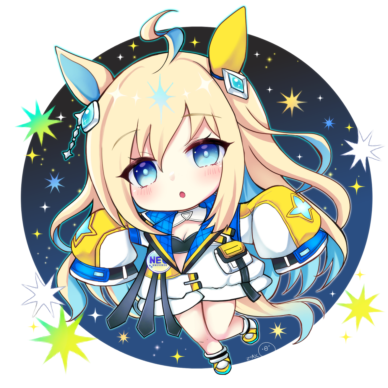 terimuku, neo universe (umamusume), umamusume, commentary request, highres, 1girl, :o, ahoge, animal ears, blonde hair, blue eyes, blue hair, boots, breasts, chibi, cleavage, full body, horse ears, horse girl, horse tail, jacket, long hair, long sleeves, looking at viewer, multicolored hair, parted lips, puffy long sleeves, puffy sleeves, sleeves past fingers, sleeves past wrists, small breasts, solo, tail, two-tone hair, very long hair, white boots, white jacket