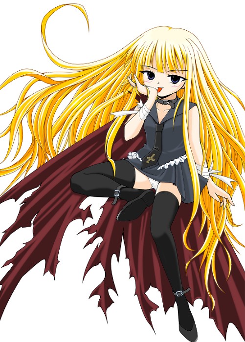 evangeline a.k. mcdowell, mahou sensei negima!, 00s, :p, bandages, black thighhighs, blonde hair, blue eyes, blush, collar, frills, long hair, miniskirt, necktie, panties, pantyshot, shirt, shoes, sitting, skirt, sleeveless, sleeveless shirt, solo, thighhighs, tongue, tongue out, underwear, vampire, very long hair, white panties