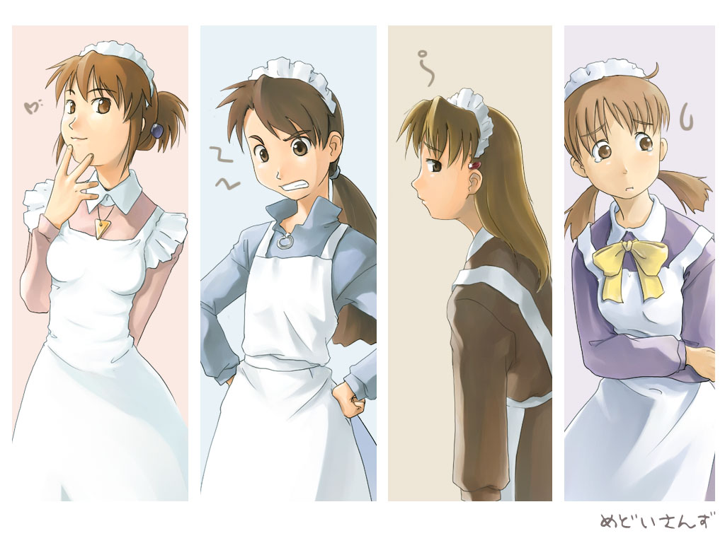 mutou youshun, hidoi, kudoi, medoi, modoi, futaba channel, nijiura maids, tired, 4girls, angry, apron, bow, brown hair, flat chest, hair ornament, hairclip, heart, jewelry, long hair, maid, maid apron, maid headdress, multiple girls, naughty face, pendant, ponytail, short hair, spoken heart, tears, twintails