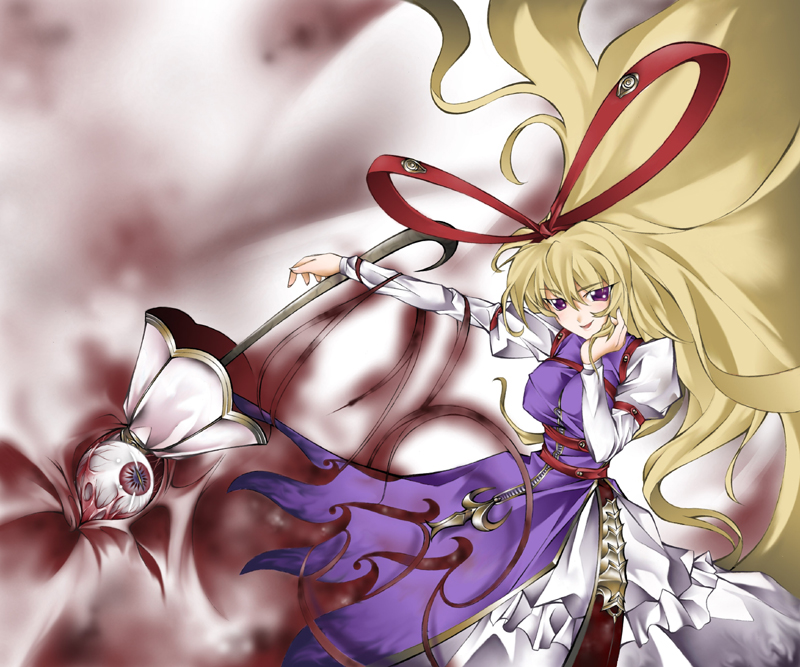 chaotic-unknown, yakumo yukari, touhou, 1girl, alternate costume, blonde hair, chaoticunknown, dress, eyeball, female focus, hair ribbon, long hair, no headwear, purple eyes, ribbon, smile, solo, umbrella