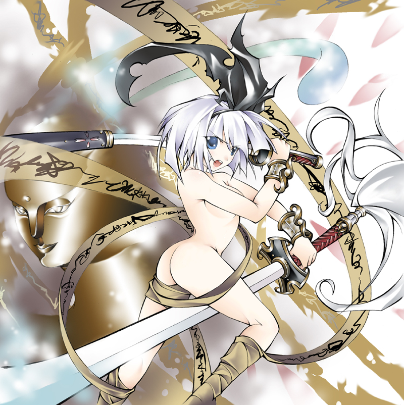 chaotic-unknown, konpaku youmu, konpaku youmu (ghost), touhou, silver hair, >:o, 1girl, :o, ass, blue eyes, bow, bracelet, breasts, chaoticunknown, female focus, from behind, hair bow, hairband, hip focus, hitodama, jewelry, katana, kneepits, looking at viewer, looking back, naked ribbon, nude, ootachi, open mouth, perspective, ribbon, sheath, solo, sword, unsheathing, v-shaped eyebrows, weapon