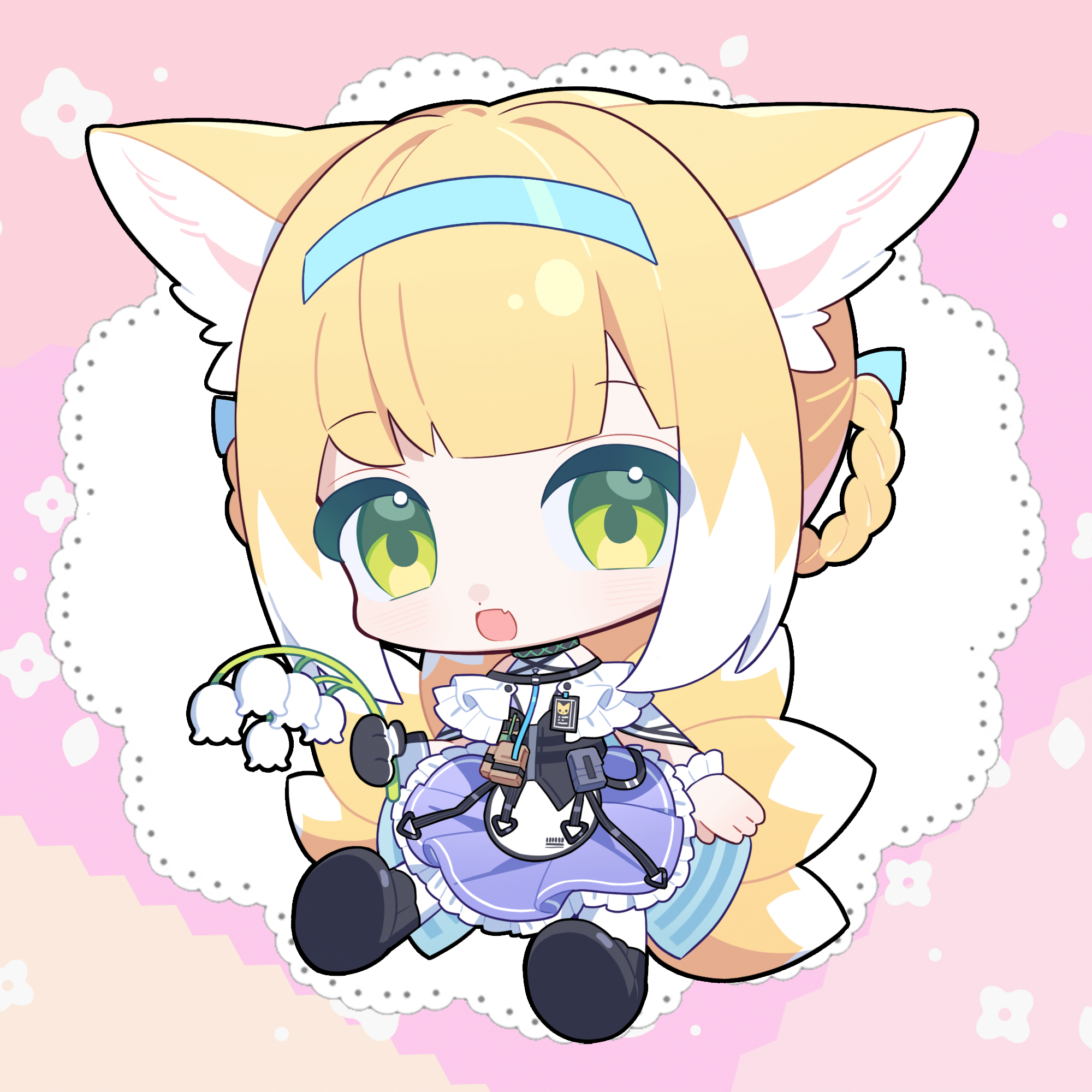 miaoneko, infection monitor (arknights), suzuran (arknights), arknights, commentary, highres, 1girl, animal ears, black gloves, blonde hair, blue dress, blue hairband, braid, chibi, chibi only, dated commentary, dress, fang, flower, fox ears, fox girl, fox tail, frilled dress, frills, full body, gloves, green eyes, hairband, holding, holding flower, kitsune, kyuubi, lily of the valley, multicolored hair, multiple tails, name connection, object namesake, open mouth, short hair, single glove, sitting, skin fang, solo, tail, twin braids