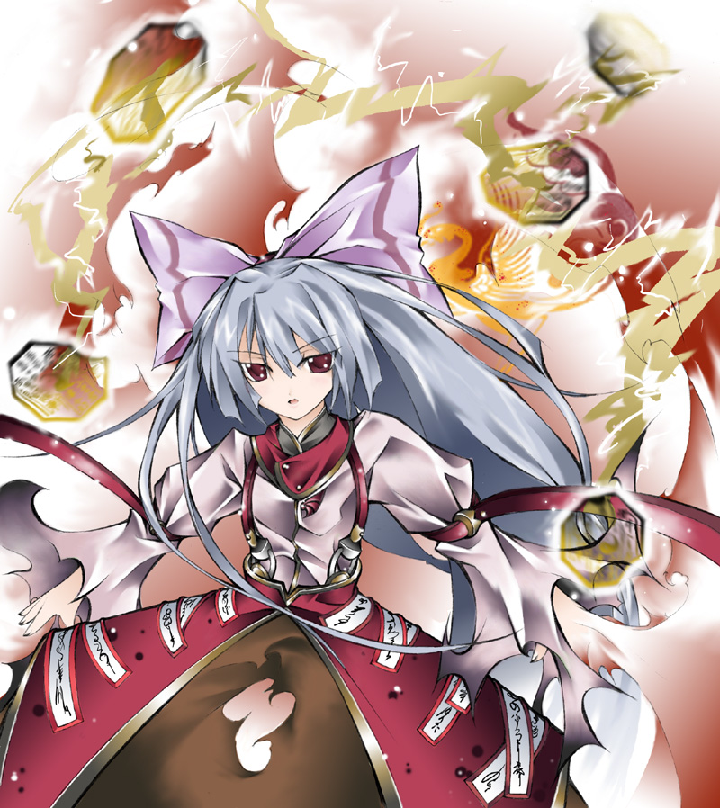 chaotic-unknown, fujiwara no mokou, touhou, silver hair, 1girl, adapted costume, albino, alternate costume, bow, chaoticunknown, female focus, hair ribbon, long hair, red eyes, ribbon, solo