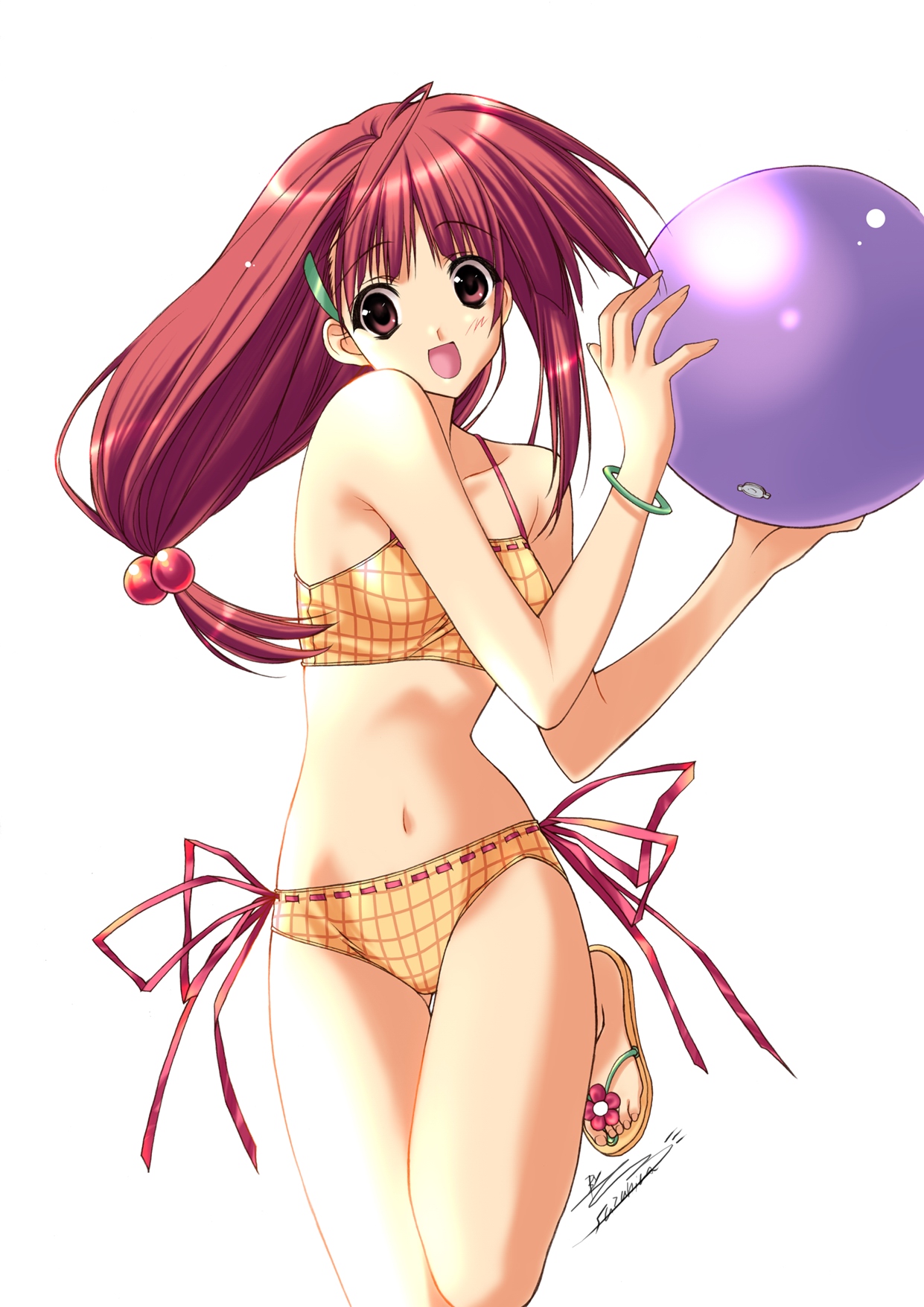 suzuhira hiro, original, highres, scan, 1girl, :d, ahoge, ball, beach, beachball, bikini, bracelet, feet, female focus, flip-flops, hair bobbles, hair ornament, hairclip, jewelry, leg lift, long hair, navel, open mouth, orange bikini, ponytail, red eyes, red hair, ribbon, ribbon-trimmed bikini, ribbon trim, sandals, side-tie bikini bottom, signature, smile, solo, summer, swimsuit, tankini
