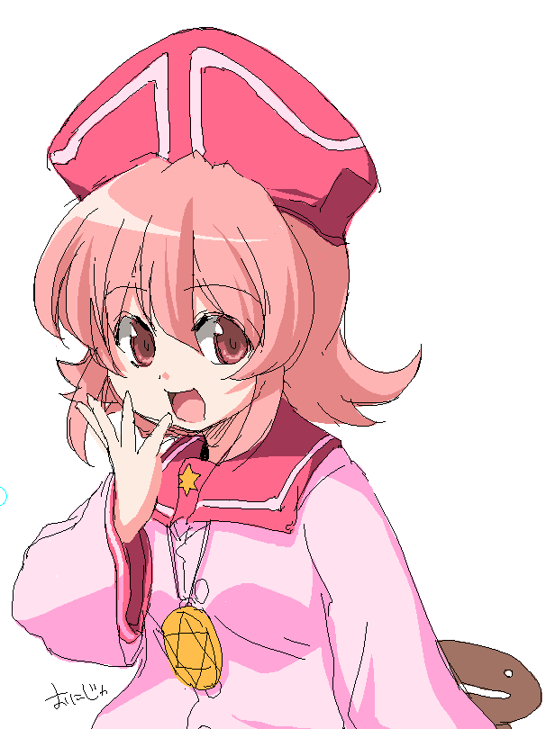 onija tarou, behoimi, pani poni dash!, 00s, 1girl, :d, buttons, female focus, hair between eyes, hand to own mouth, hat, jewelry, long sleeves, necklace, o o, oekaki, open mouth, pink hair, pink shirt, red eyes, sailor collar, shirt, short hair, silhouette, simple background, smile, solo, star (symbol), upper body, white background