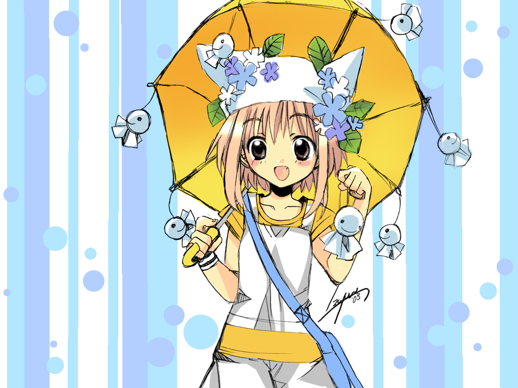 izumi rei, shigure ama, shuffle!, 00s, 1girl, animal hat, bag, brown eyes, cat hat, fang, female focus, flower, handbag, hat, hydrangea, loli fashion, pink hair, signature, solo, teruterubouzu, umbrella, wristband