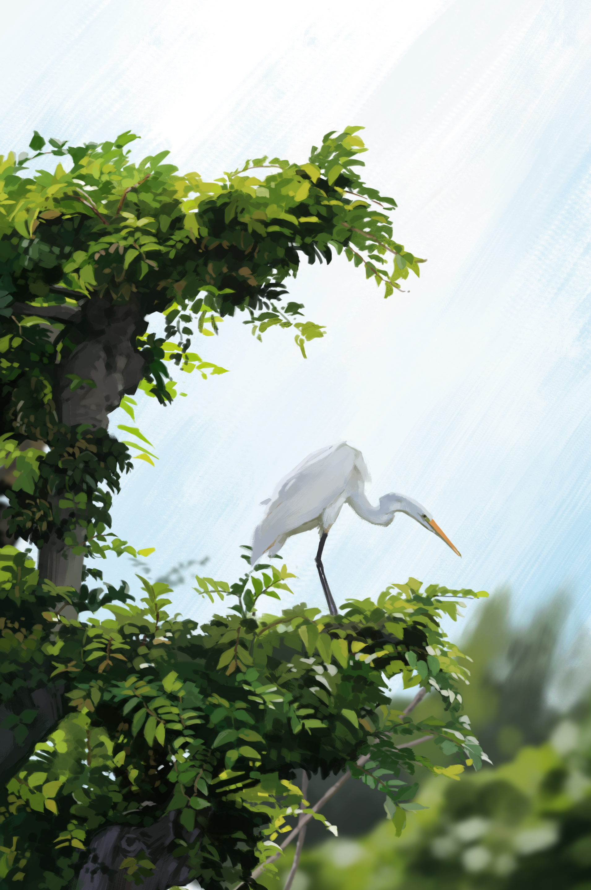 karasu (hageabura-jr), original, absurdres, animal request, highres, painting (medium), traditional media, animal focus, bird, blurry, blurry background, leaf, looking to the side, no humans, plant, realistic, tree