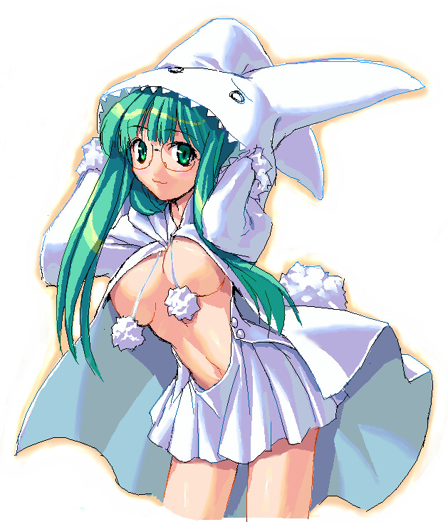 1girl, breasts, female focus, glasses, green eyes, green hair, hat, long hair, matching hair/eyes, medium breasts, navel, open clothes, open shirt, shirt, solo
