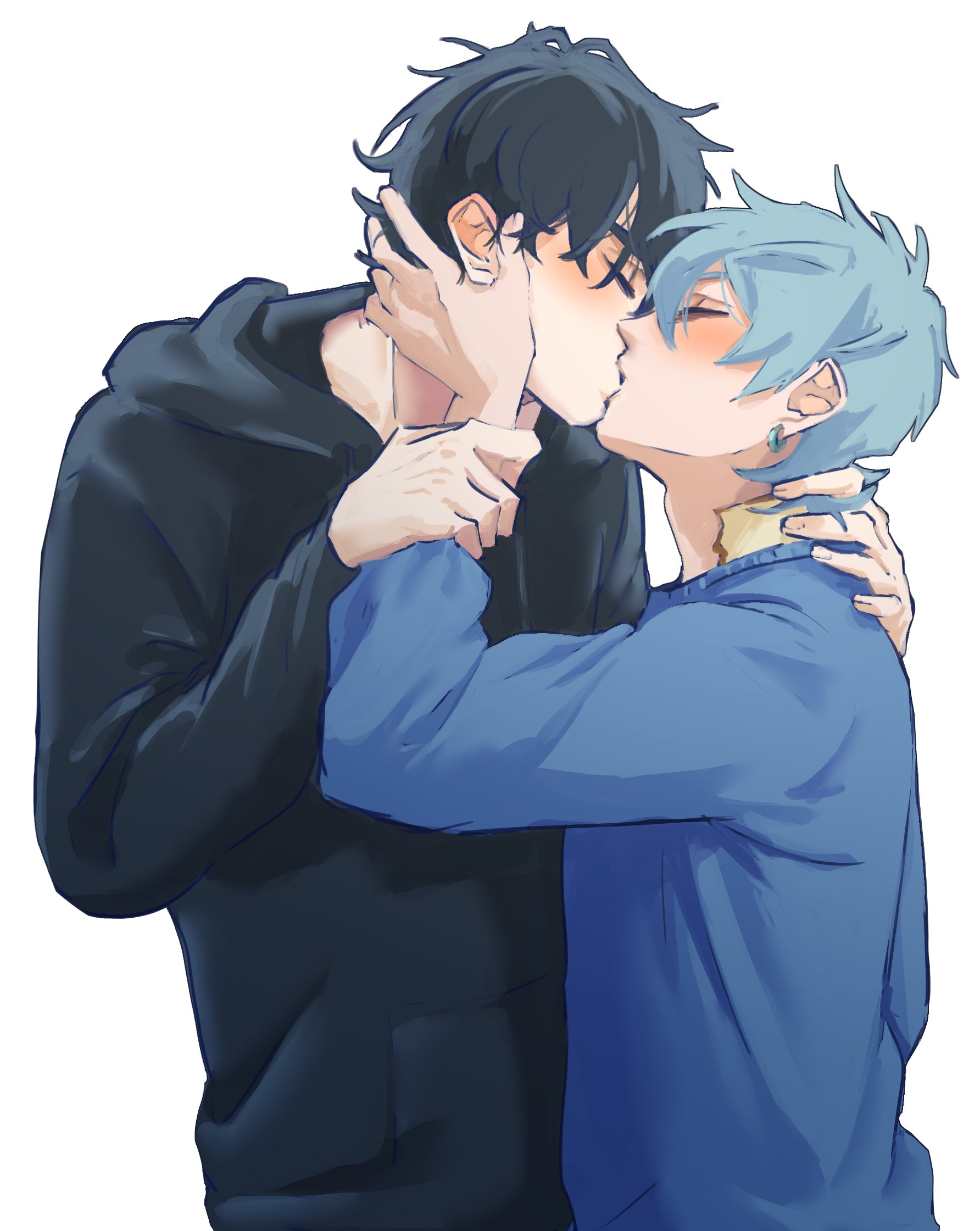 br3adhouse, ivan (alien stage), till (alien stage), alien stage, bad id, bad twitter id, highres, 2boys, black hair, black hoodie, blue sweater, closed eyes, earrings, grey hair, hand on another's face, hand on another's neck, hood, hoodie, jewelry, kiss, male focus, multiple boys, short hair, sweater, yaoi