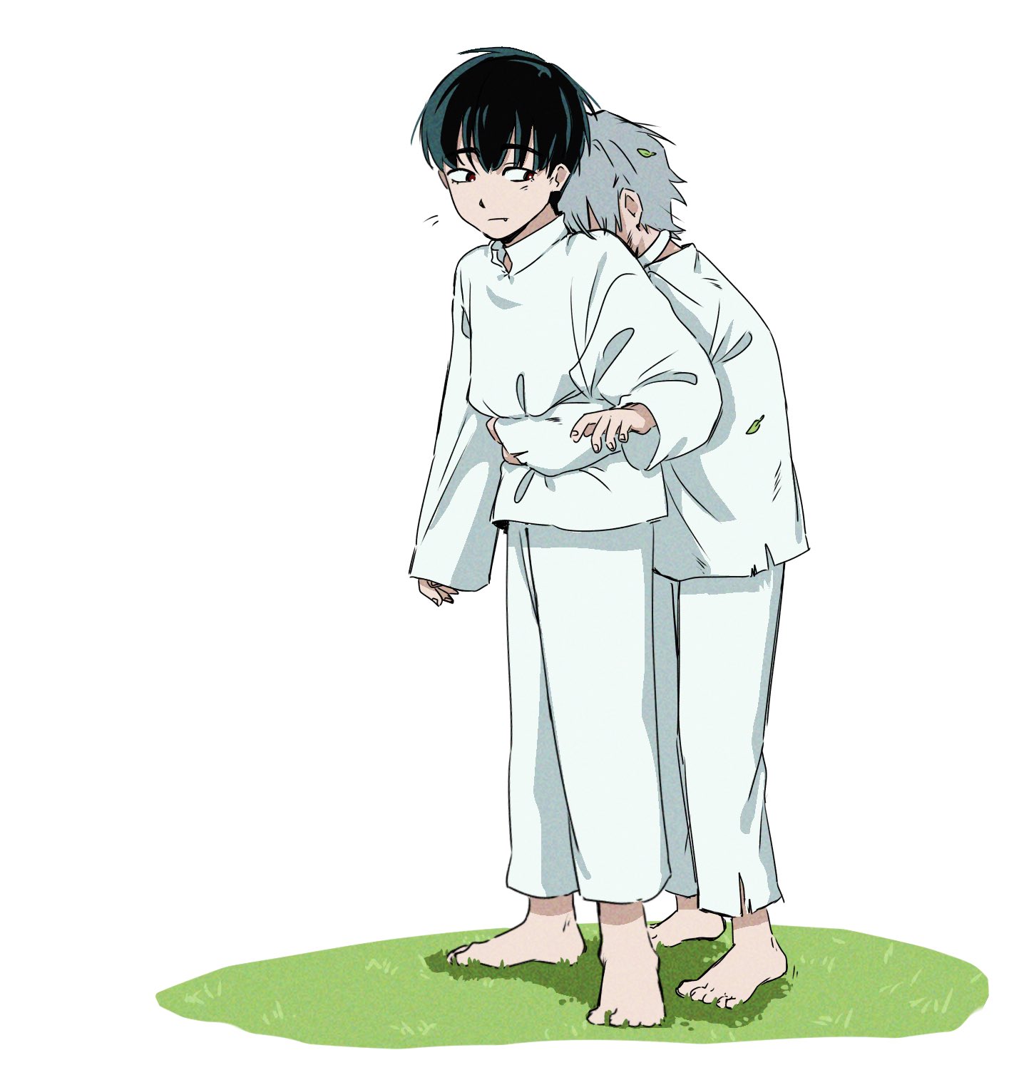br3adhouse, ivan (alien stage), till (alien stage), alien stage, bad id, bad twitter id, highres, 2boys, aged down, barefoot, black eyes, black hair, choker, grass, grey hair, hug, hug from behind, long sleeves, male focus, multiple boys, pants, red pupils, shirt, white choker, white pants, white shirt
