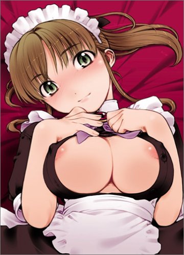 kiriyama taichi, nagisa (maid in heaven), maid in heaven, maid in heaven supers, lowres, 00s, 1girl, breasts, brown hair, cleavage, female focus, green eyes, large breasts, lying, maid, nipples, no bra, on back, open clothes, open shirt, ponytail, shirt, smile, solo