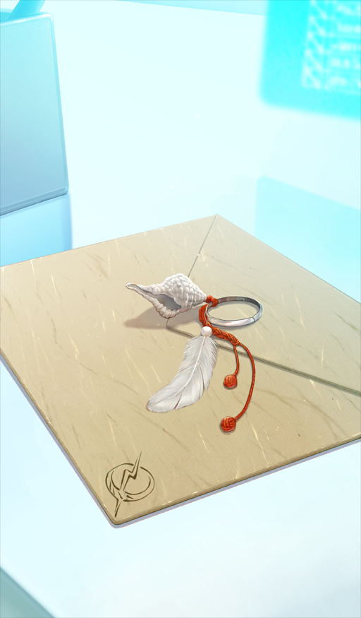 sakumamitsuro, fate/grand order, fate (series), commentary request, game cg, official art, third-party source, blue background, envelope, jewelry, no humans, object focus, reflective table, ring, seashell, shell, still life, unworn ring