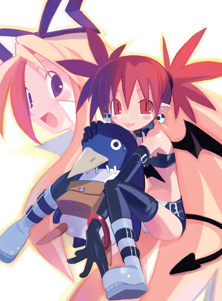 harada takehito, etna (disgaea), flonne, prinny, disgaea, makai senki disgaea, 00s, 2girls, bandeau, bat wings, black gloves, black thighhighs, blonde hair, boots, bracelet, demon girl, earrings, elbow gloves, flat chest, gloves, jewelry, long hair, miniskirt, multiple girls, panties, pantyshot, pointy ears, red eyes, red hair, ribbon, sitting, skirt, skull earrings, strapless, tail, thighhighs, tube top, twintails, underwear, white panties, wings