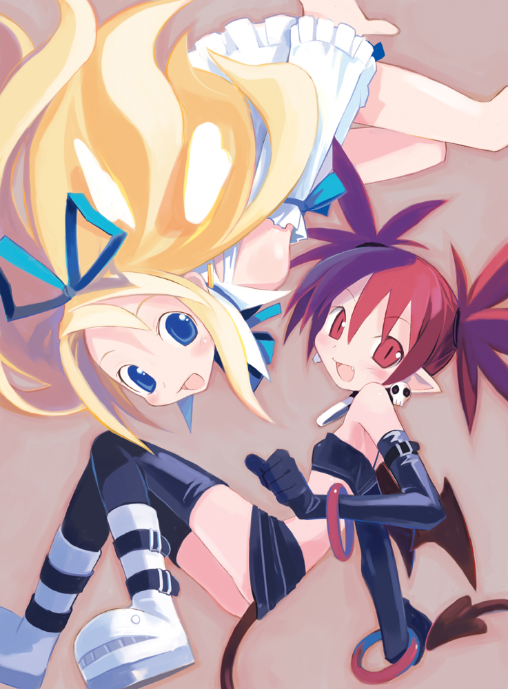harada takehito, etna (disgaea), flonne, disgaea, makai senki disgaea, nippon ichi, 00s, 2girls, bat wings, black gloves, blonde hair, blue eyes, bracelet, demon girl, earrings, elbow gloves, gloves, jewelry, long hair, miniskirt, multiple girls, pencil skirt, pointy ears, red eyes, red hair, ribbon, skirt, skull earrings, tail, thighhighs, twintails, wings, zettai ryouiki