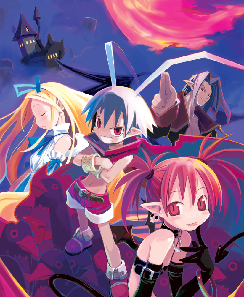 harada takehito, etna (disgaea), flonne, laharl, mid-boss, mid-boss (disgaea), prinny, disgaea, makai senki disgaea, nippon ichi, 00s, 2boys, 2girls, antenna hair, bare shoulders, bat wings, belt, blonde hair, blue hair, bracelet, buckle, choker, crossed arms, demon girl, earrings, elbow gloves, fang, gloves, jacket, jewelry, long hair, looking at viewer, multiple boys, multiple girls, open clothes, open jacket, pointy ears, red eyes, red hair, red shorts, ribbon, shorts, tail, twintails, wings