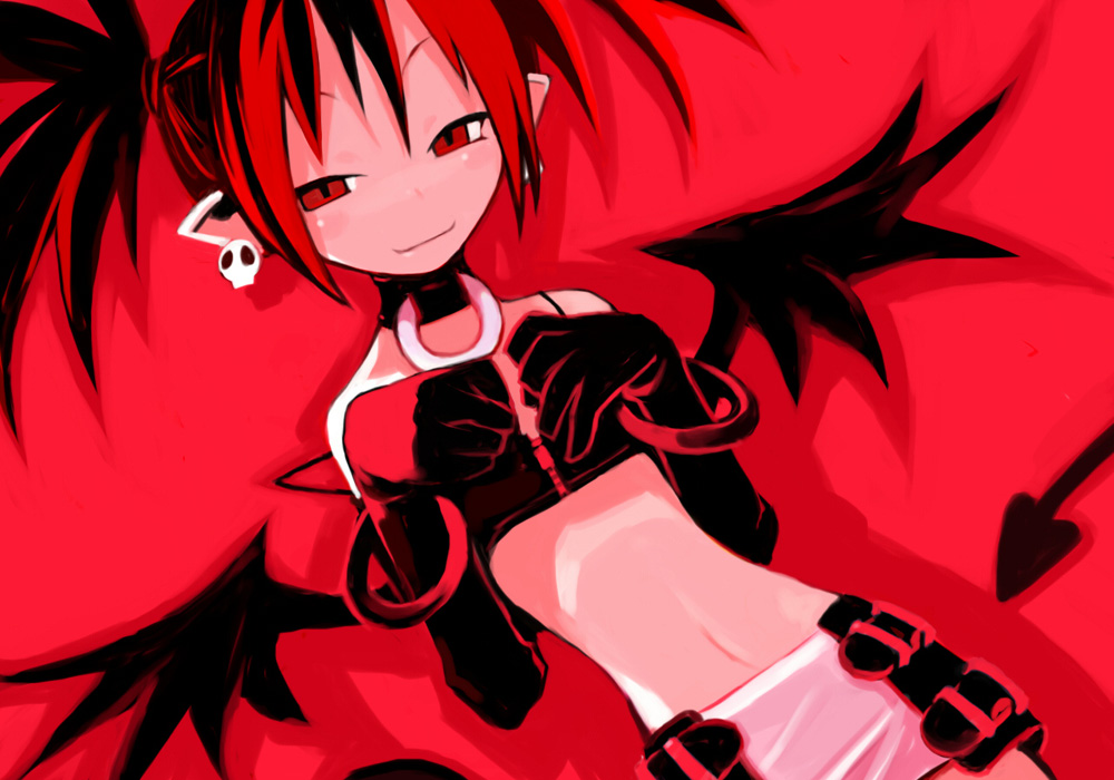 harada takehito, etna (disgaea), disgaea, makai senki disgaea, nippon ichi, game cg, official art, 00s, 1girl, bat wings, bracelet, demon girl, earrings, elbow gloves, female focus, gloves, half-closed eyes, jewelry, miniskirt, pencil skirt, pointy ears, red background, red eyes, red hair, red theme, skirt, solo, tail, twintails, wings