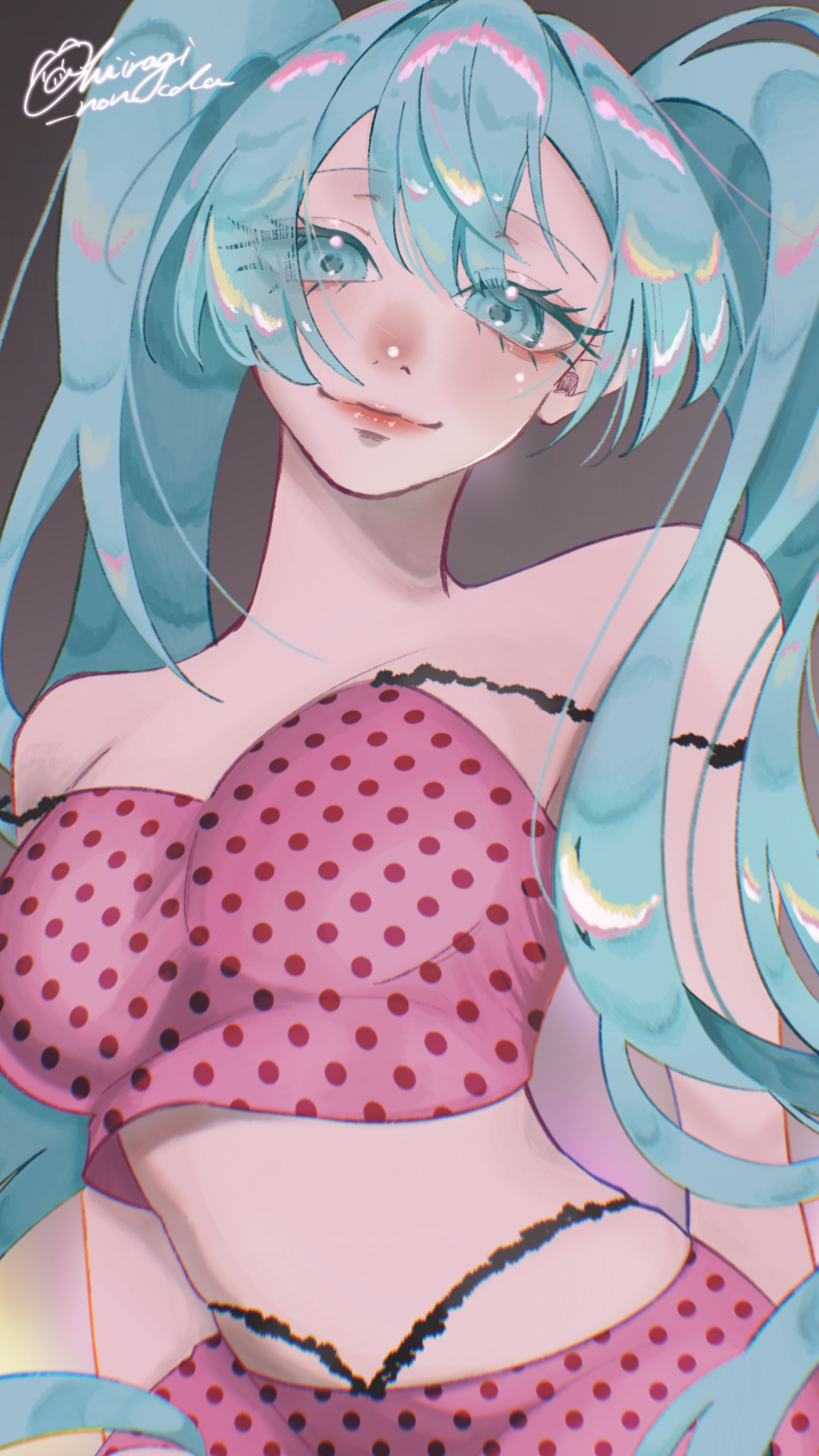 hatsune miku, romeo to cinderella (vocaloid), vocaloid, absurdres, highres, procreate (medium), 1girl, aqua eyes, aqua hair, bare shoulders, black lace trim, blue eyes, blue hair, camisole, frilled camisole, frills, hiiragi nonada, lace-trimmed camisole, lace trim, long hair, looking at viewer, pink camisole, polka dot, polka dot camisole, short hair, smile, solo, twintails, very long hair