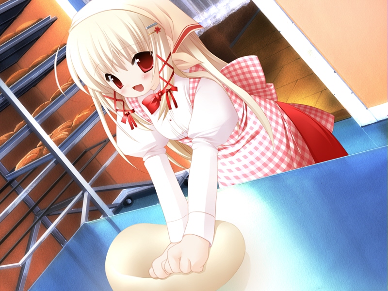 araki kanao, arihara minori, machikado no boulanger, game cg, 1girl, apron, blonde hair, blush, bread, cooking, dutch angle, female focus, food, hair ornament, hair ribbon, hairclip, headscarf, open mouth, red eyes, ribbon, solo, tress ribbon, v arms, white headscarf