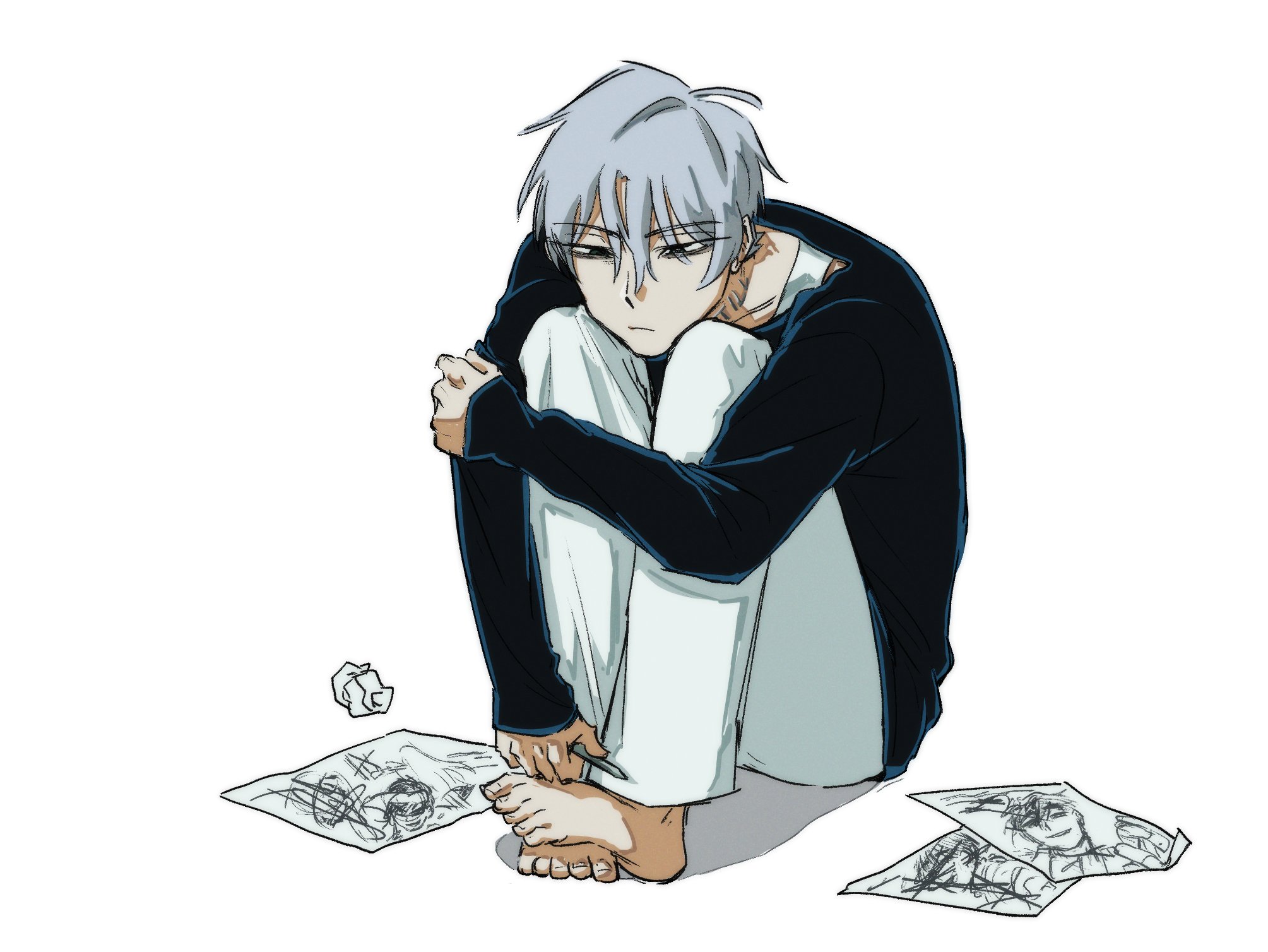 br3adhouse, ivan (alien stage), till (alien stage), alien stage, commentary, english commentary, highres, 1boy, barefoot, black shirt, closed mouth, crumpled paper, drawing (object), grey hair, knees up, long sleeves, male focus, pants, shirt, short hair, sitting, sleeves past wrists, very short hair, white pants