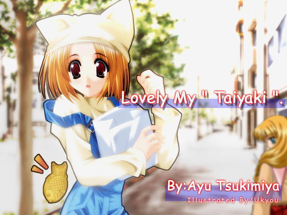 satomura akane, tsukimiya ayu, kanon, one – kagayaku kisetsu e, 00s, animal hat, english text, engrish text, food, hat, overalls, ranguage, strap slip, taiyaki, wagashi