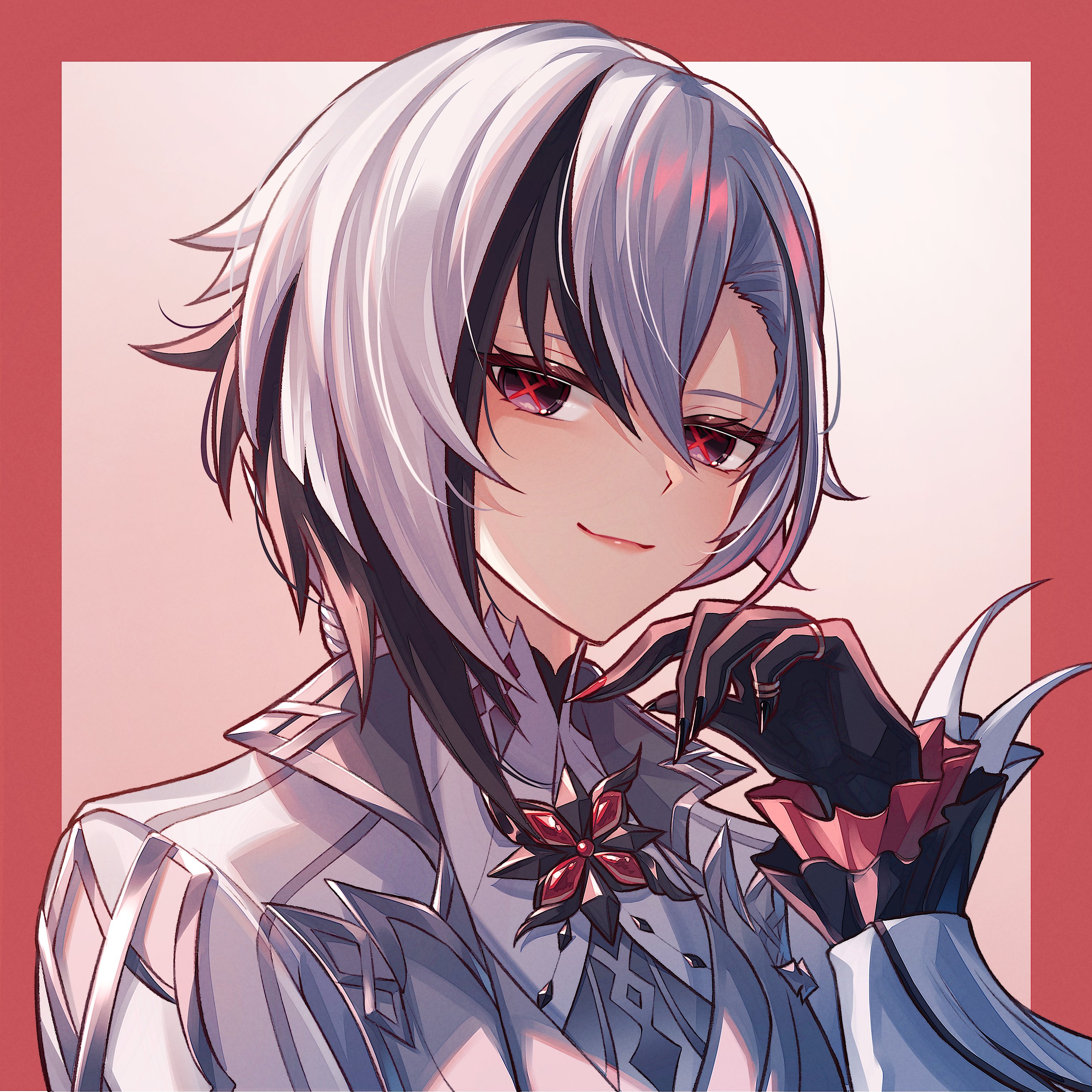 yuno kaihara, arlecchino (genshin impact), genshin impact, absurdres, commentary, highres, 1girl, black eyes, black hair, black hands, border, brooch, colored extremities, frilled cuffs, grey hair, hair between eyes, jacket, jewelry, looking at viewer, multicolored hair, nail polish, red border, smile, solo, symbol-shaped pupils, upper body, white jacket, x-shaped pupils