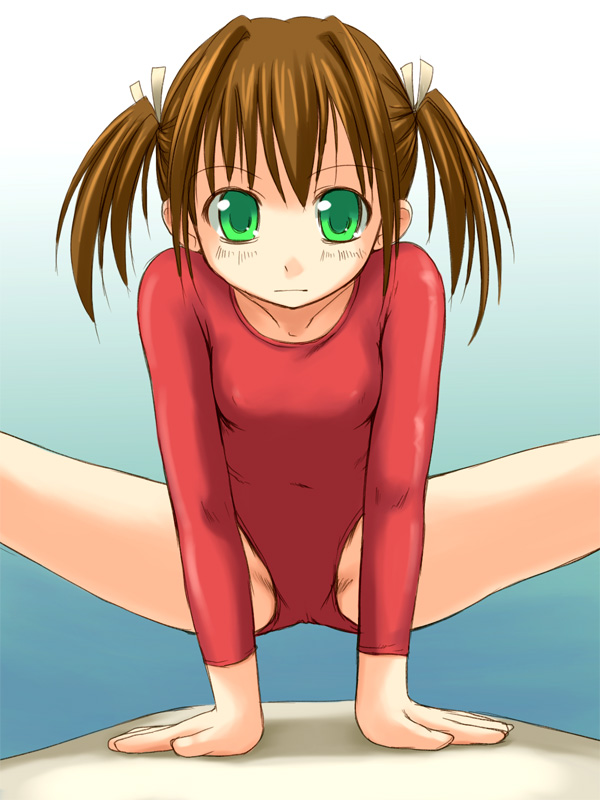 bosshi, 1girl, athletic leotard, brown hair, covered erect nipples, female focus, flat chest, gradient background, green eyes, gymnast leotard, gymnastics, handstand, leotard, long sleeves, looking at viewer, red leotard, sitting split, solo, split, spread legs, twintails