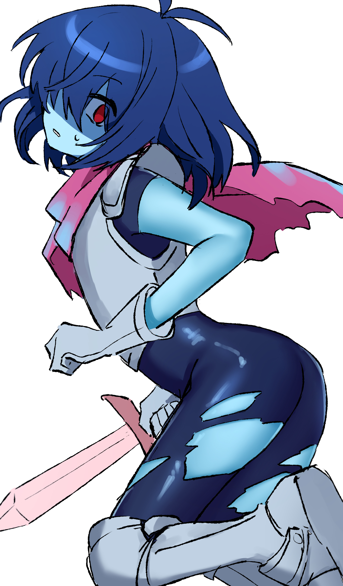 mitorizu 02, kris (dark world) (deltarune), kris (deltarune), deltarune, utdr (toby fox), highres, 1other, armor, ass, blue hair, blue skin, breastplate, cape, colored skin, gloves, hair over one eye, holding, holding sword, holding weapon, pink cape, red eyes, simple background, solo, sweatdrop, sword, torn clothes, unitard, weapon