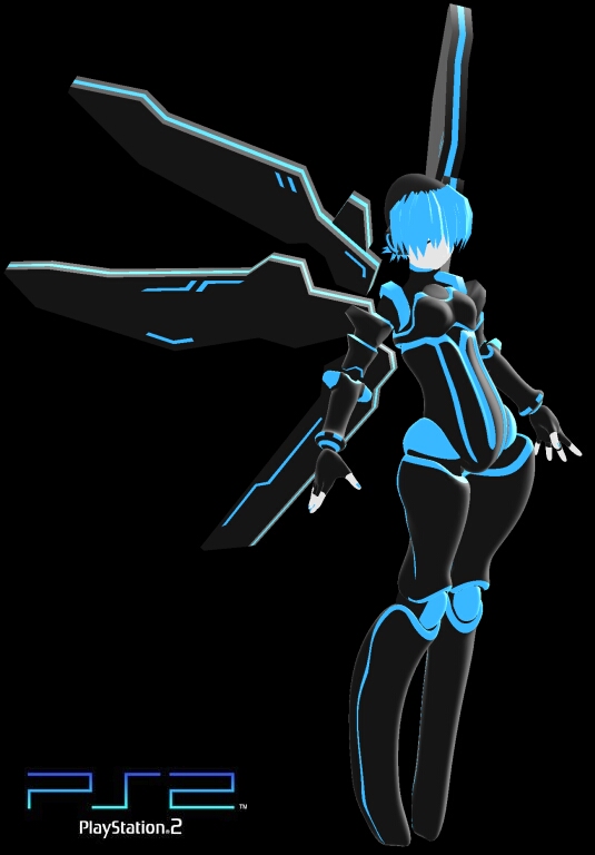 console, 1girl, 3d, dark, female focus, game console, neon trim, personification, playstation 2, product girl, solo, wings