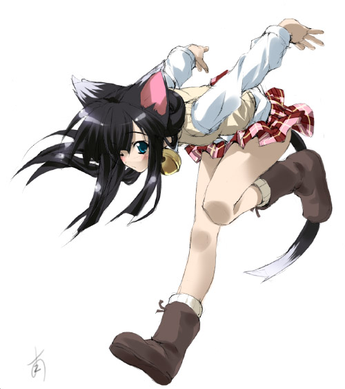 minamino kanata, shinozuka arashi, gad guard, 00s, animal ears, bell, black hair, blue eyes, cat ears, cat tail, long hair, one eye closed, pleated skirt, school uniform, serafuku, skirt, solo, tail, wink