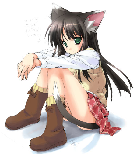 minamino kanata, shinozuka arashi, gad guard, 00s, 1girl, animal ears, brown hair, cat ears, cat tail, female focus, green eyes, long hair, skirt, solo, tail