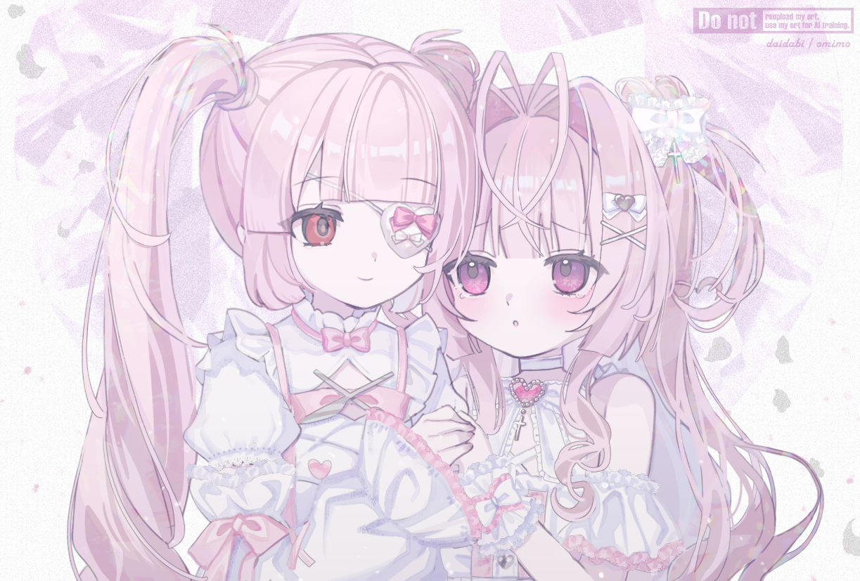 d omm, original, character request, check character, check copyright, commission, copyright request, skeb commission, 2girls, bow, brooch, eyepatch, hair between eyes, hair ornament, heart, heart brooch, hime cut, jewelry, lolita fashion, long hair, looking at viewer, multiple girls, pink eyes, pink hair, red eyes, smile, twintails, two side up, upper body