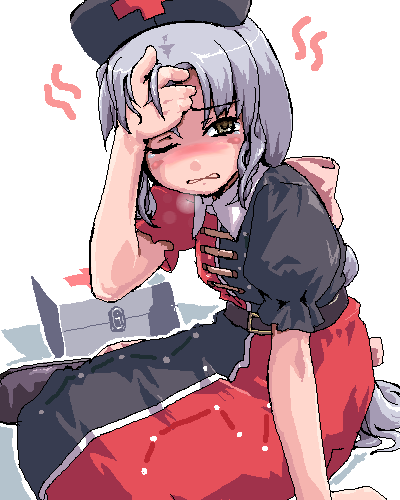 yagokoro eirin, touhou, lowres, 1girl, blush, brown eyes, dress, female focus, first aid kit, frown, grey hair, hat, long hair, nurse cap, oekaki, one eye closed, solo, tears, two-tone dress, white background