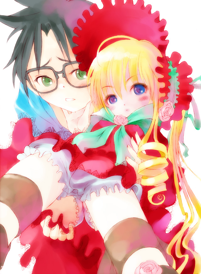 sakurada jun, shinku, rozen maiden, 00s, 1boy, 1girl, :o, black-framed eyewear, black hair, blonde hair, blue eyes, blush, brown socks, carrying, clenched teeth, dress, drill hair, flower, frilled hat, frills, glasses, goth fashion, green eyes, hand on another's chin, hat, kneehighs, loli, looking at viewer, panties, pantyshot, parted lips, pink flower, pink rose, red dress, rose, shota, socks, striped clothes, striped socks, striped thighhighs, teeth, thighhighs, underwear, upper body