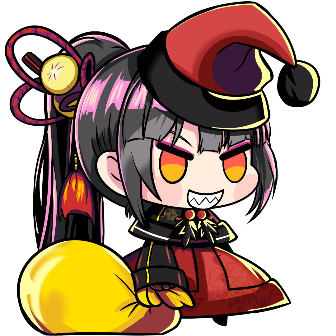 kouto matai, tsuina (dohna dohna), dohna dohna issho ni warui koto o shiyou, 1girl, black capelet, capelet, chibi, chibi only, dress, full body, hat, holding, holding sack, long hair, long sleeves, meme, orange eyes, padoru (meme), ponytail, red dress, red hat, sack, sharp teeth, simple background, solo, teeth, v-shaped eyebrows, very long hair, white background