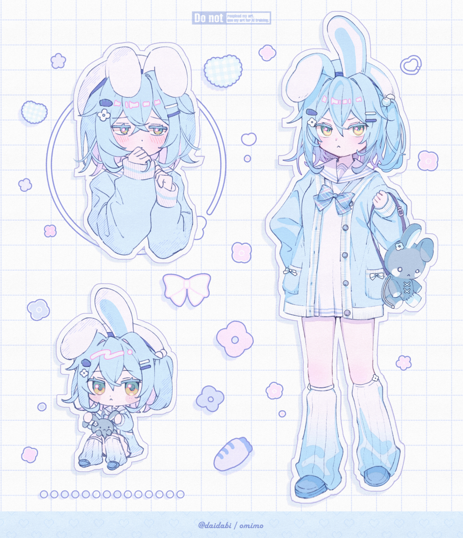 d omm, original, commentary, symbol-only commentary, 1girl, animal ears, aqua hair, bow, cardigan, dress, hair ornament, holding, long sleeves, looking at viewer, rabbit ears, rabbit girl, sailor dress, school uniform, shirt, solo, yellow eyes