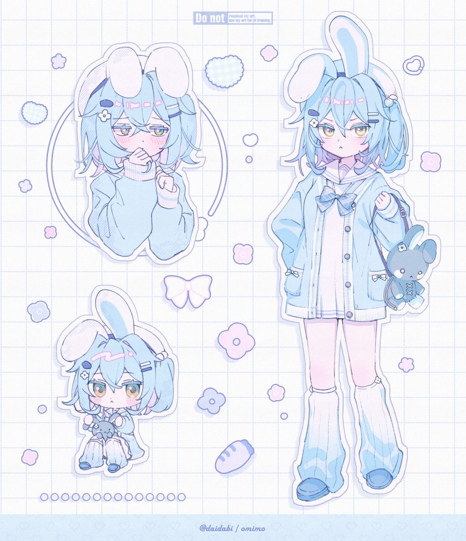 d omm, original, commentary, symbol-only commentary, 1girl, animal ears, aqua hair, bow, cardigan, dress, hair ornament, holding, long sleeves, looking at viewer, rabbit ears, rabbit girl, sailor dress, school uniform, shirt, solo, yellow eyes