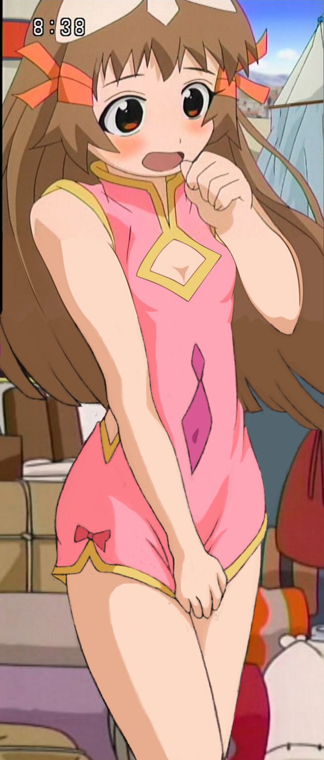 re mii, zoids, zoids genesis, anime screenshot, highres, stitched, third-party edit, 00s, blush, brown hair, china dress, chinese clothes, cleavage cutout, clock, clockshow, clothing cutout, covering crotch, covering privates, dress, embarrassed, flat chest, long hair, open mouth, red eyes, solo