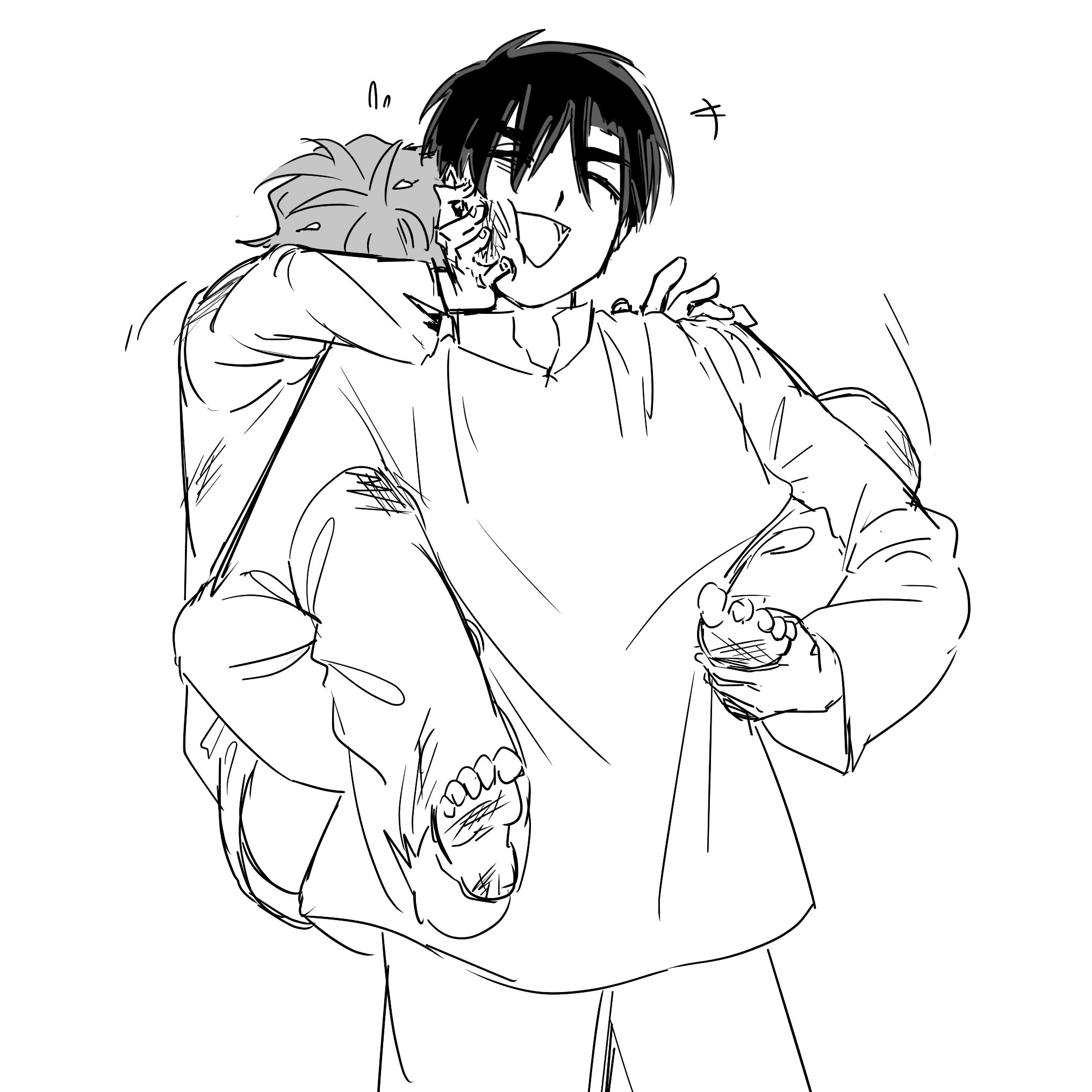 br3adhouse, ivan (alien stage), till (alien stage), alien stage, chinese commentary, commentary, highres, +++, 2boys, barefoot, carrying, greyscale, long sleeves, male focus, monochrome, multiple boys, piggyback, pushing away, pushing face, shirt, sketch