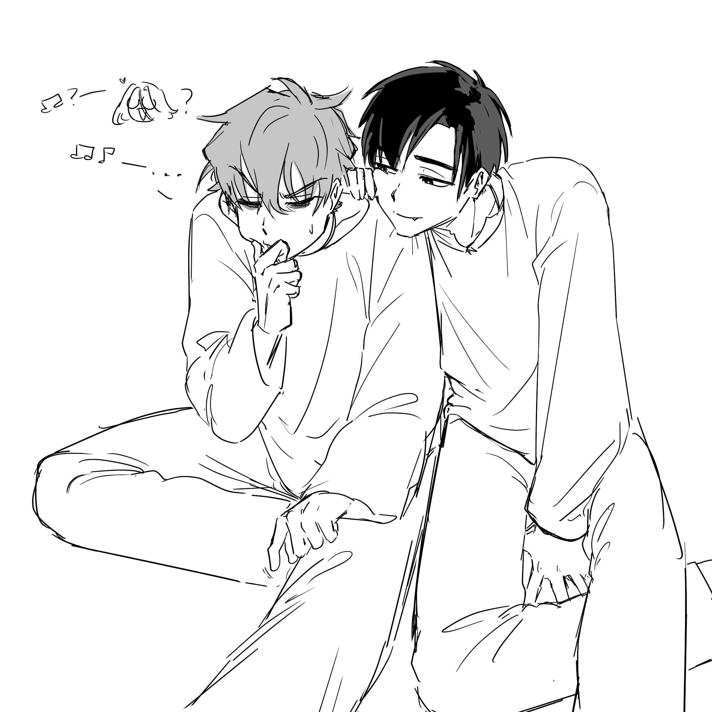 br3adhouse, ivan (alien stage), mizi (alien stage), till (alien stage), alien stage, chinese commentary, commentary, highres, 1girl, 2boys, ?, eighth note, greyscale, hand on own chin, heart, long sleeves, male focus, monochrome, multiple boys, musical note, shirt, sketch